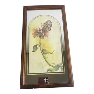 Vintage Wood Framed Mirrow with Butterfly Flower Art Decor Wall Hanging